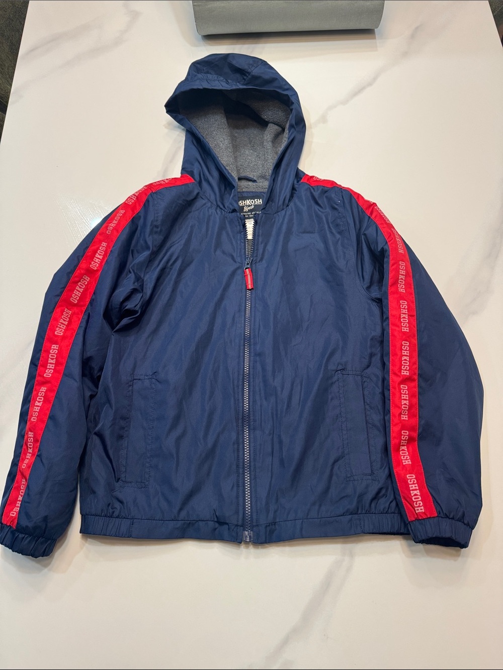 OshKosh B'gosh Navy Hooded Jacket with Red Side Stripes, Sz 10 years, like new
